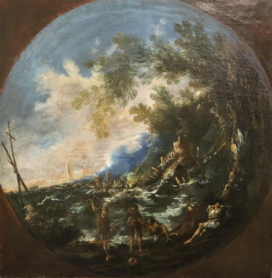 Follower of Alessandro Magnasco (1667-1749) Figures in stormy landscapes 29 x 29in., unframed
